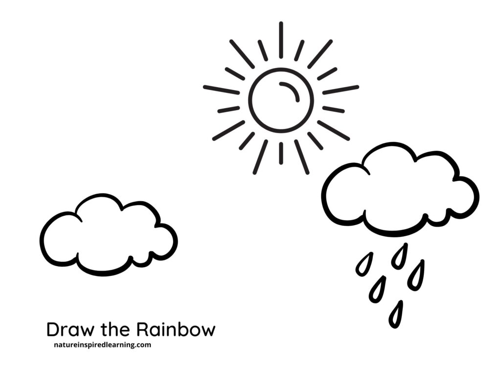 two clouds one with rain droplets with sun draw your own rainbow coloring page