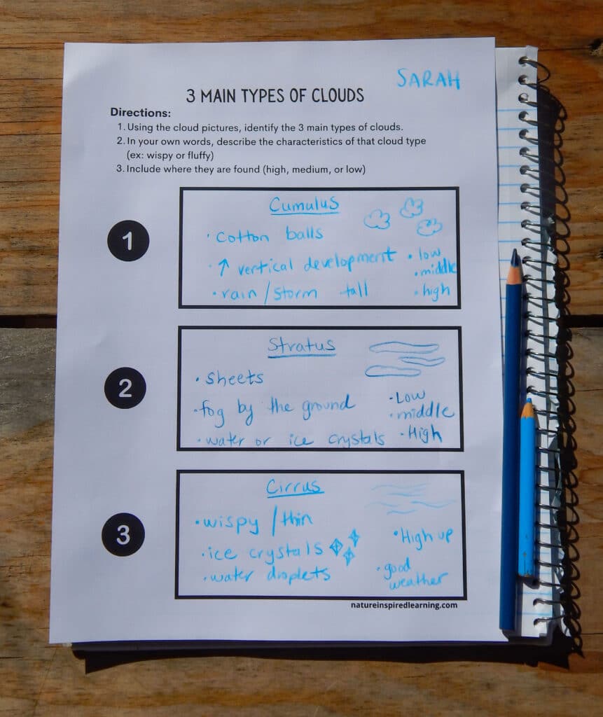 3 types of clouds worksheet filled out using blue colored pencils in a notebook