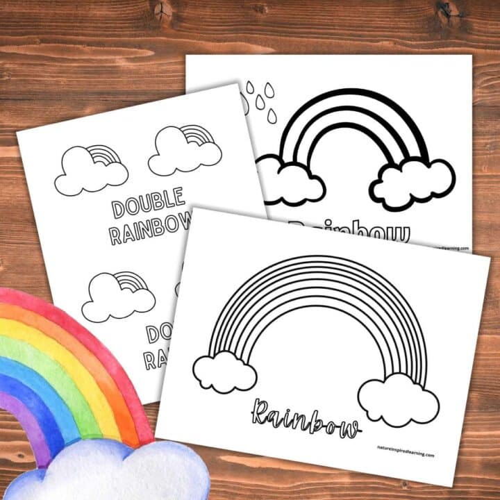 free printable rainbow coloring pages overlapping on a wooden background. Colorful rainbow with clouds in the bottom left corner