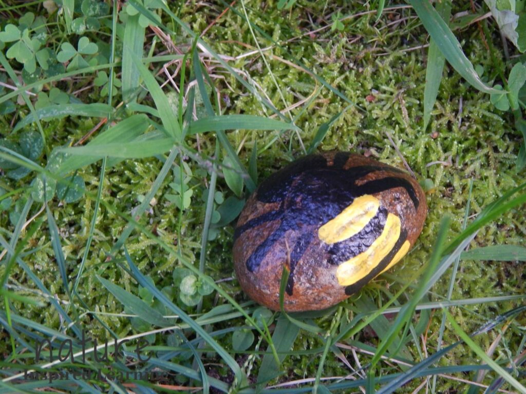 bee painted rock outside in the garden with a protective gloss clear coat