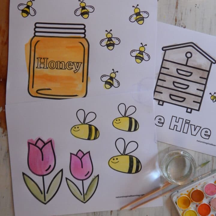 three free bee coloring pages printed off and colored in with paint jar of honey with honey bees, bee hive, and bees with flowers, two paint brushes and watercolor supplies