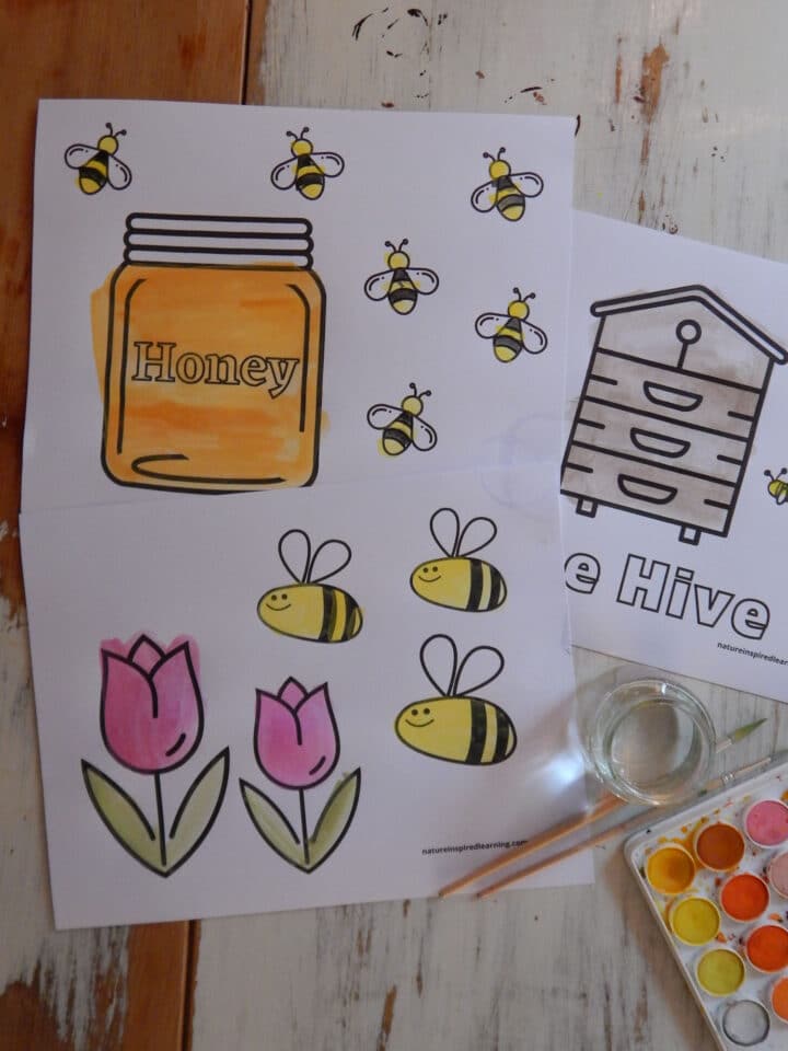 three free bee coloring pages printed off and colored in with paint jar of honey with honey bees, bee hive, and bees with flowers, two paint brushes and watercolor supplies