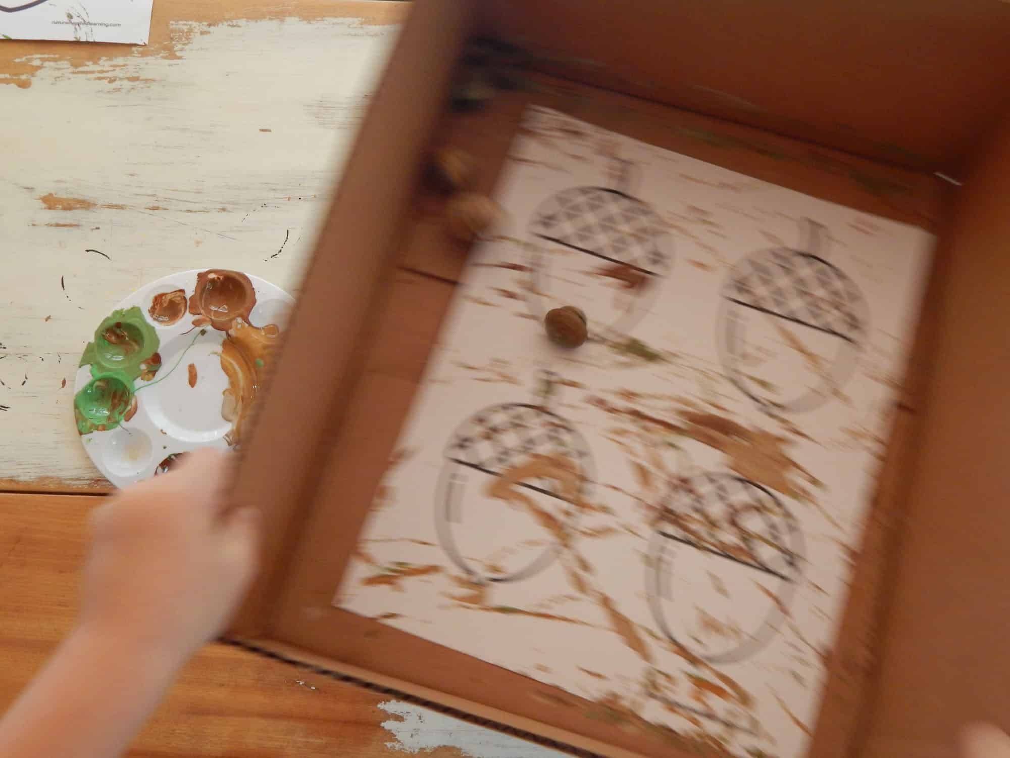 child shaking a box to create a painting with acorns using a cut cardboard box, real acorns covered in paint, and a printed off acorn coloring page wooden table below with paint tray