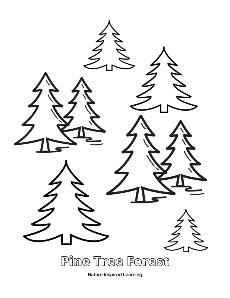 pine tree forest coloring page with a collection of black and white pine trees
