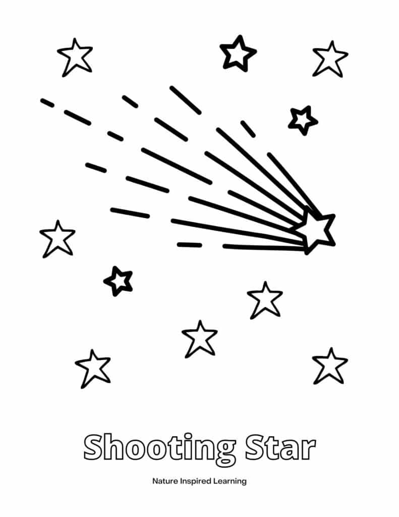shooting star coloring page with one shooting star and a collection of small stars text Shooting Star written in outline form at bottom