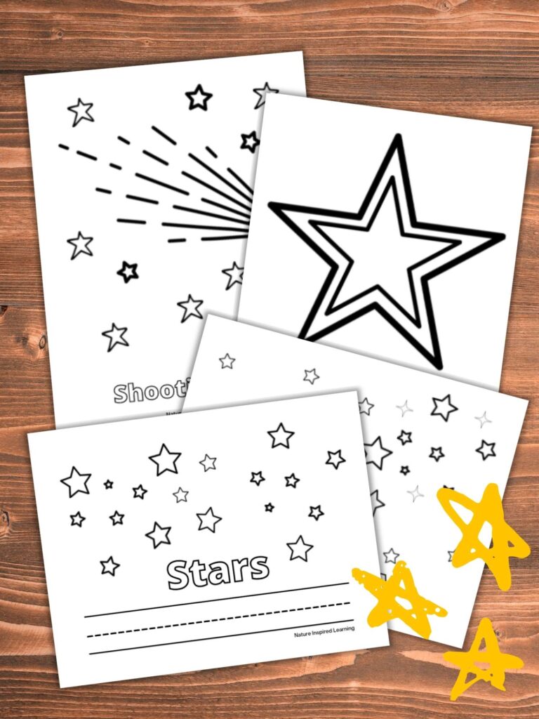 free printable star coloring pages overlapping on wooden background with three yellow stars in corner. Stars with lines to write star, shooting star, large star outline, and collection of stars