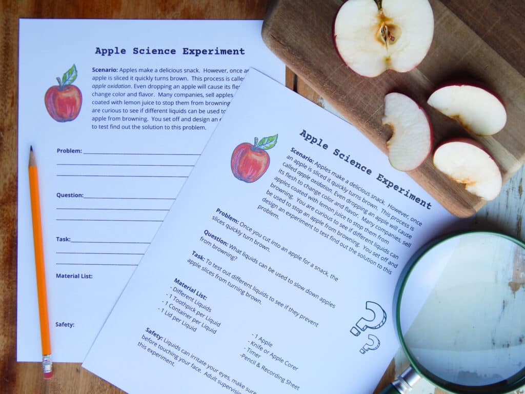 two apple oxidation science experiment worksheets overlapping on a wooden table pencil to the left green magnifying lens to right wooden cutting board with an apple cut in half and three apple slices above