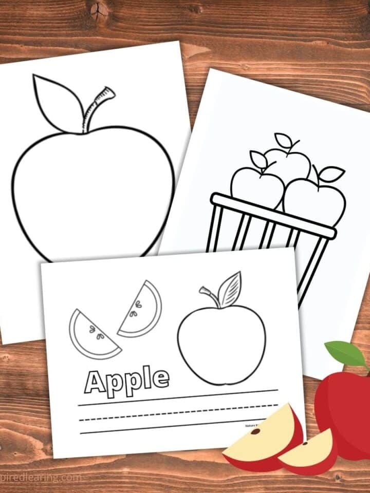 three free printable apple coloring pages on a wooden background. Red apple clipart bottom right corner one whole apple with a cut open apple and one apple slice.