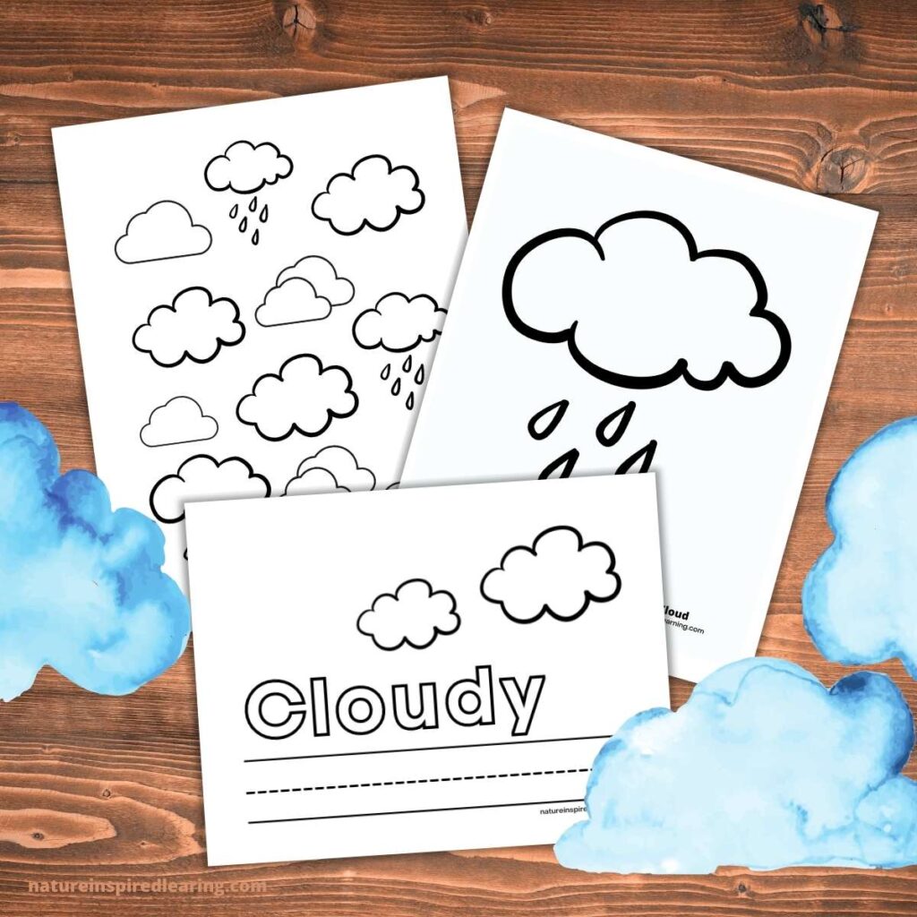 three cloud coloring pages overlapping. Cloudy, different clouds, and a rain cloud all on a wooden background. One watercolor cloud on the left side and two on the right side.
