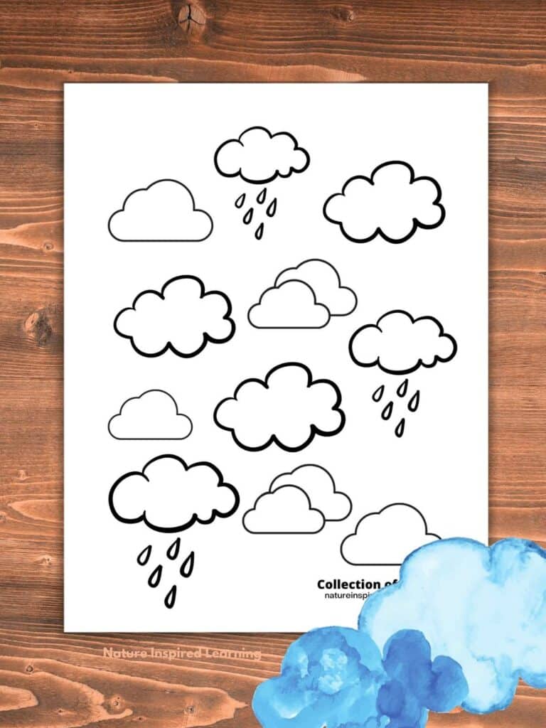 collection of different clouds coloring sheet on a wooden background. Two overlapping watercolor clouds bottom right corner.