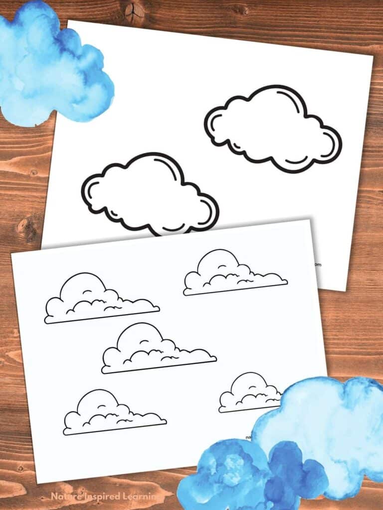 two clouds coloring pages with different clouds overlapping on a wooden background. Three watercolor blue clouds overlaying the pages