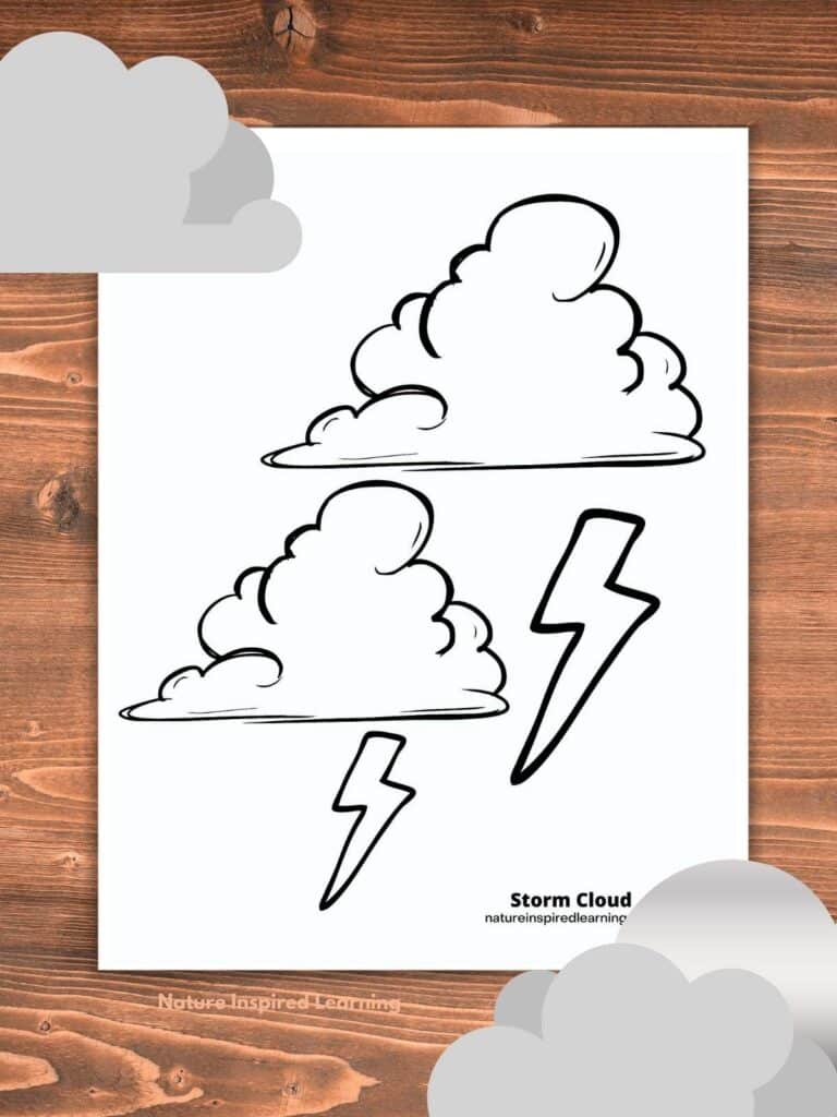 storm cloud coloring page with two large clouds and two lighting bots on a wooden background. Grey cloud clip art top left and bottom right corners.