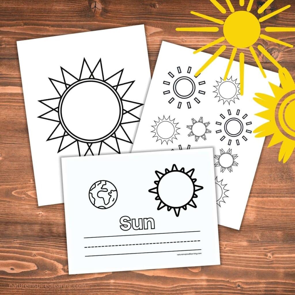 collection of three sun coloring pages overlapping on a wooden background. Two clipart yellow suns top right corner