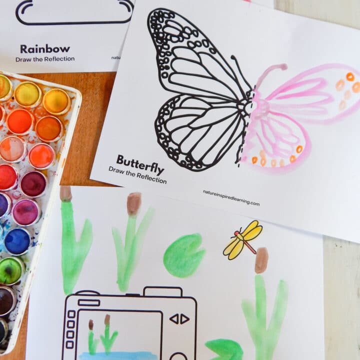 printed off finish the drawing worksheets on a wooden table with watercolor paint set to the side. Drawings finished using watercolor paint. Rainbow, butterfly, and camera pond scene.
