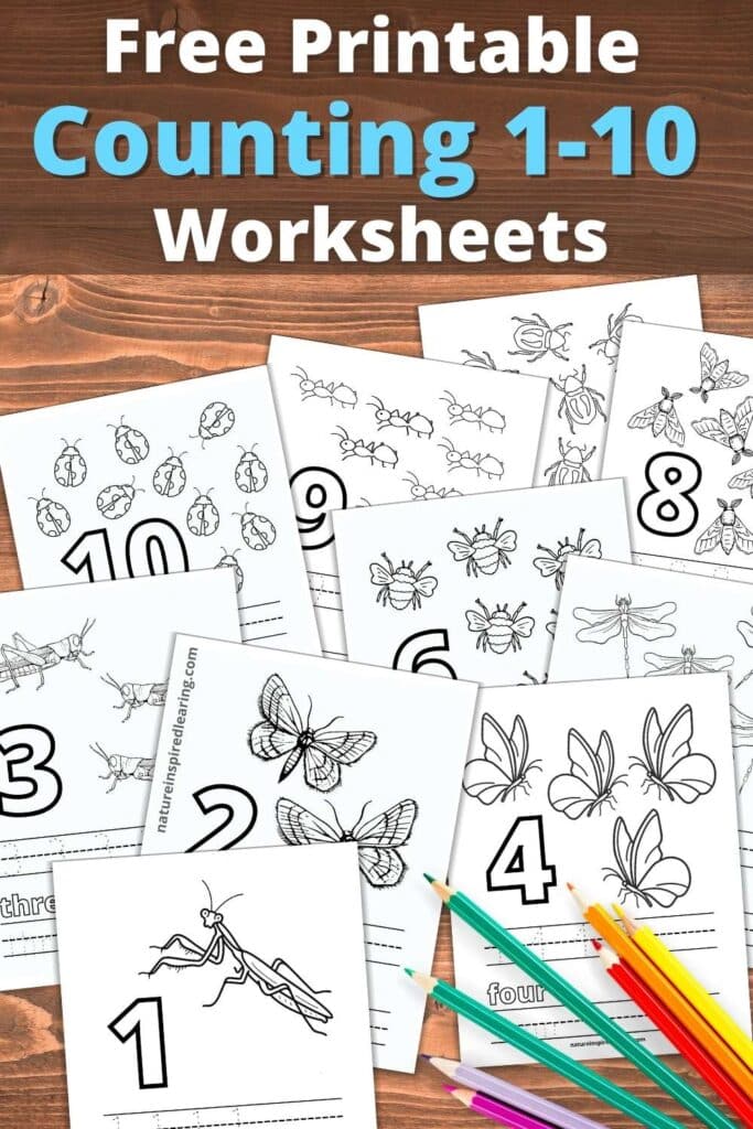 preschool kindergarten number worksheets 1-10 overlapping each other with colored pencils bottom right corner. Free Printable Counting 1-10 Worksheets written across top