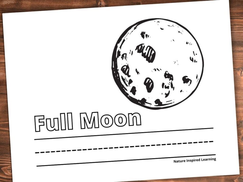 full moon coloring page with a simple and realistic full moon design. Full Moon written in outline form below image with lines to write the words below