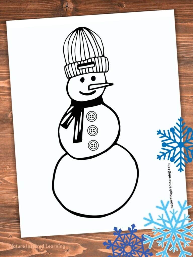 black and white snow person coloring page with a large striped winter hat. Printable on a wooden background with three blue snowflakes bottom right corner