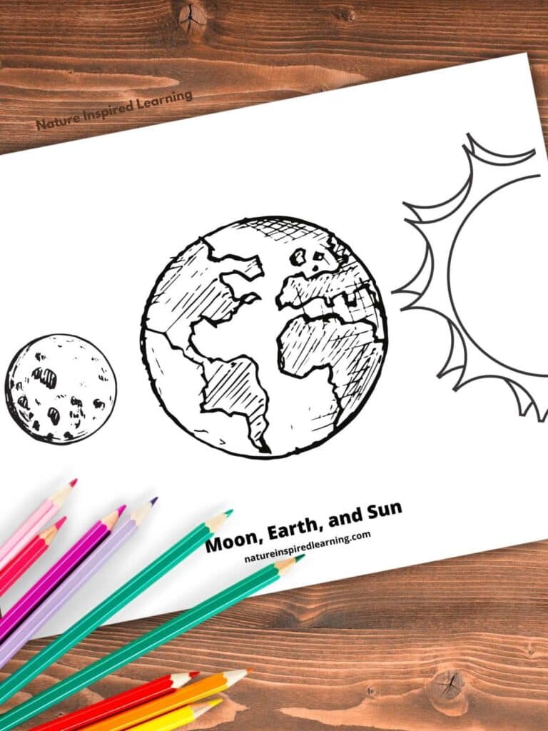 moon earth and sun coloring page with realistic looking designs. printable on a wooden background with colored pencils bottom right corner