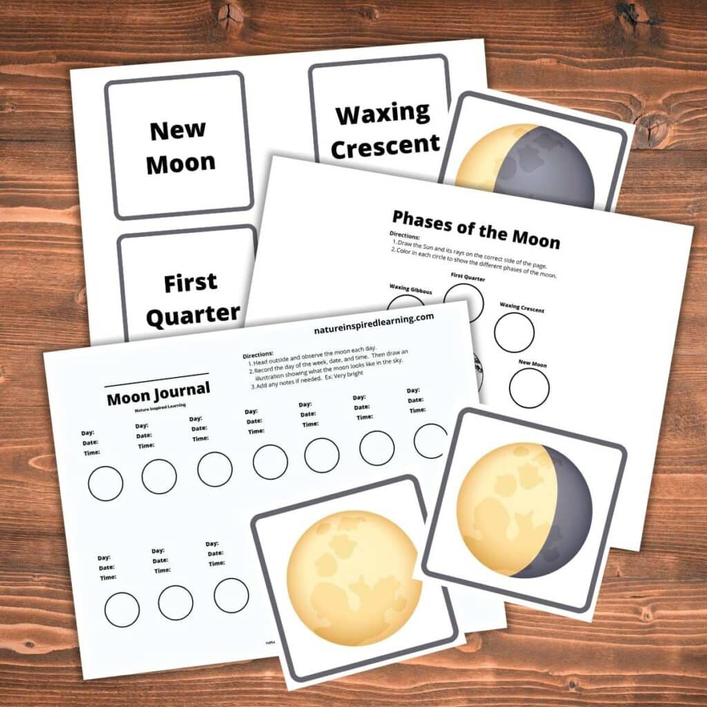 phases of the moon worksheets and printables overlapping on a wooden surface. Names of the different phases sorting cards, moon diagram worksheet, and moon journal.