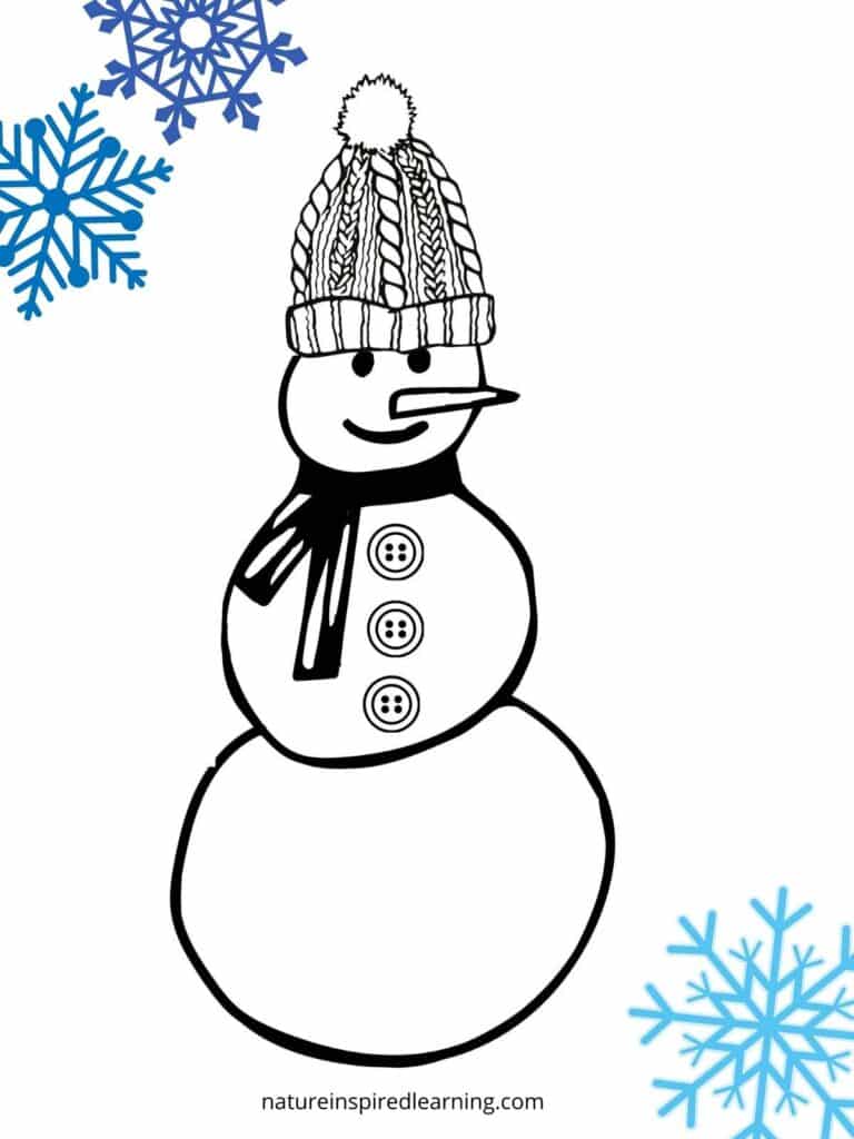 snowman coloring page with one snowperson wearing a large woven winter hat. Two blue snowflakes upper left corner one snowflake bottom right corner