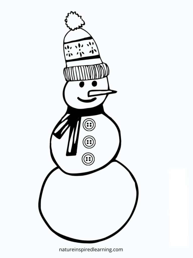 black and white snowman design coloring page with one large snowman with a large winter hat, carrot nose, scarf, and buttons