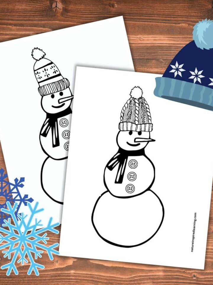 two different snowman coloring page designs overlapping on a wooden background. Two blue snowflakes bottom left corner with a blue winter hat top right corner
