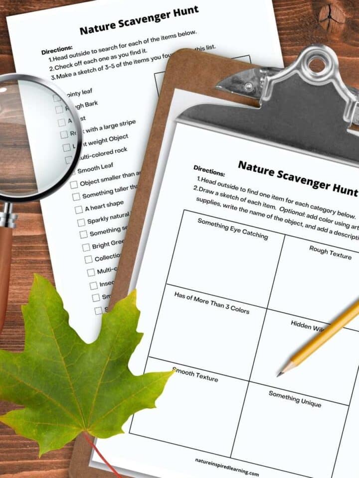 nature scavenger on a clipboard with a pencil on the printable another nature scavenger hunt with a list of items on the table with a wooden handled magnifying lens and a green maple leaf.