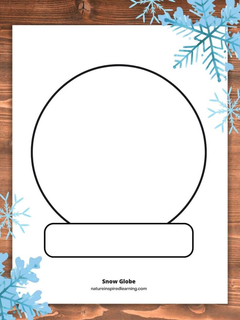 Simple outline of a snow globe in black and white. Printable on a wooden background with blue snowflake designs upper right and lower left corners