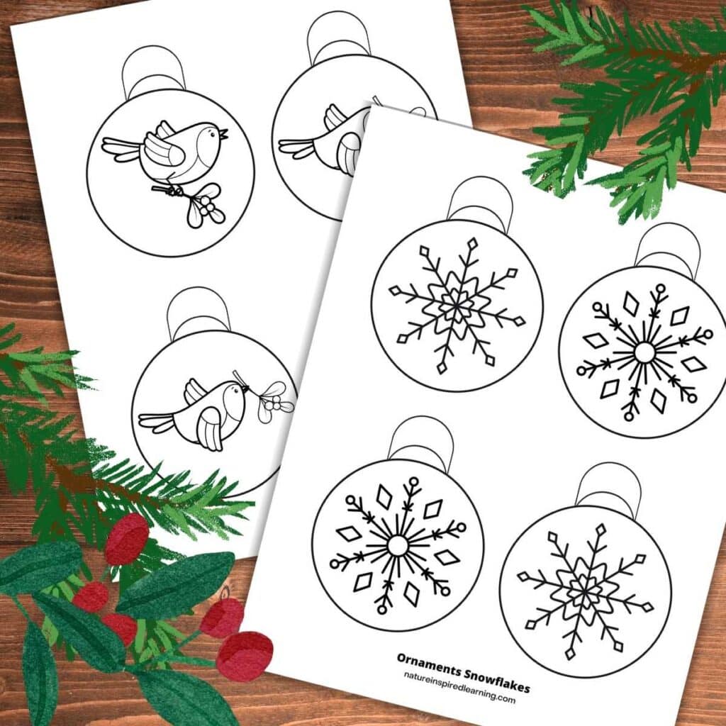 printable Christmas ornament coloring pages with different designs inside balls. Snowflakes and birds on the ornaments. Coloring sheets overlapping on a wooden background with evergreen branches top right and bottom left. Red berries with branches bottom left.