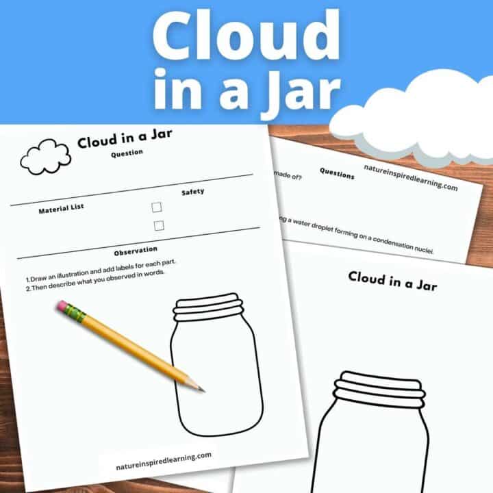 Cloud in a Jar worksheets overlapping on a wooden background. Words along with image of a jar on the worksheets. Pencil on top printable. Cloud in a Jar written across top in white over light blue background. Cloud top right corner.
