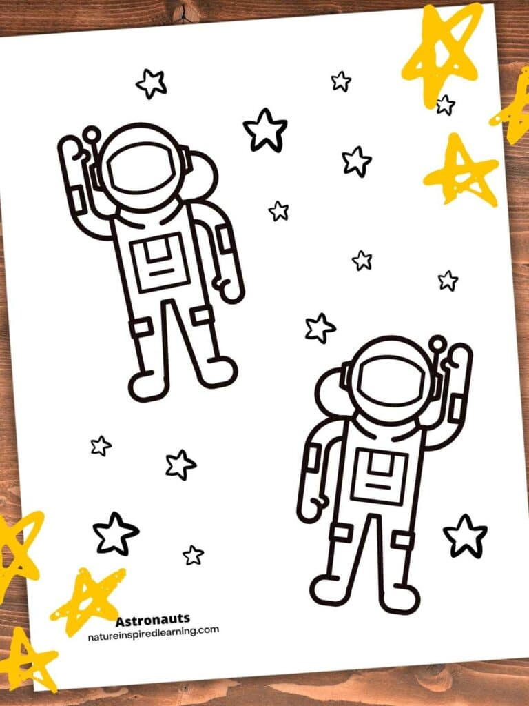 two astronauts in space suits with stars in background. Printable on a wooden background with yellow stars upper right and lower left corners