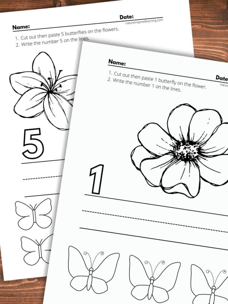 two printable cut and paste math worksheets with flowers and butterflies. Wooden background