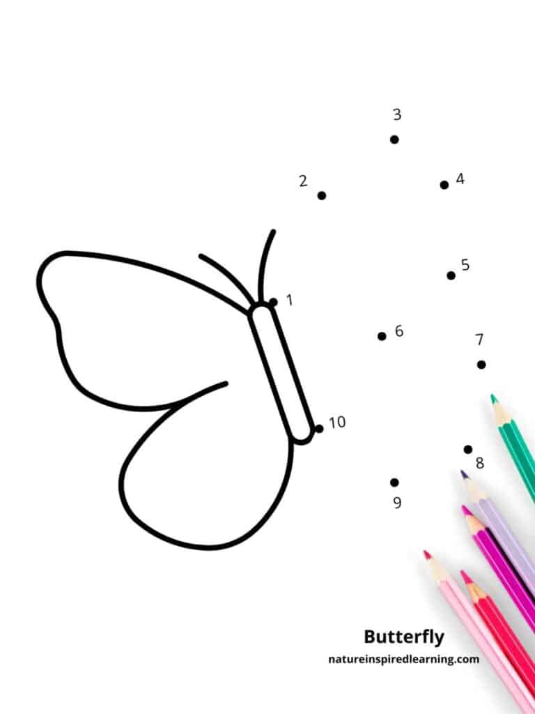 easy butterfly dot to dot worksheets with numbers 1-10. Colored pencils bottom right