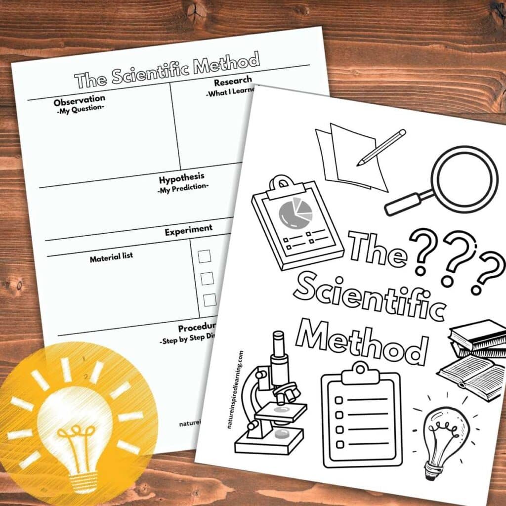 The scientific method coloring page with different images of each of the steps overlapping a scientific method printable template with room to write question, research, hypothesis, experiment, and procedure. White and yellow light bulb bottom left corner. All on wooden background