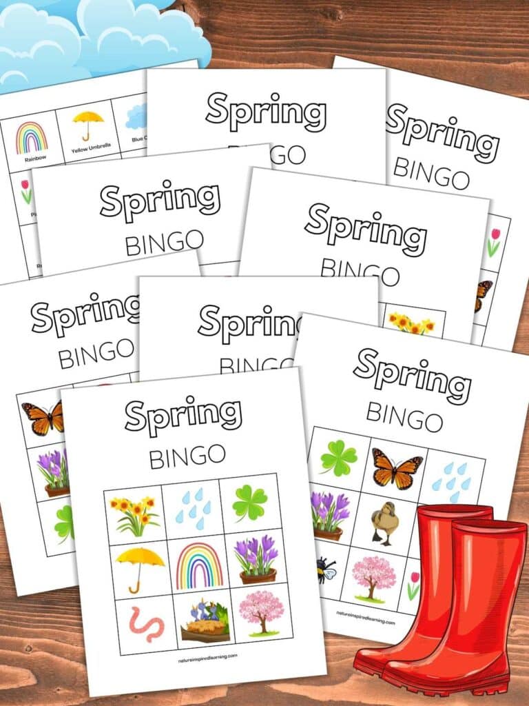 set of eight unique bingo printables with calling card overlapping on a wooden background with blue clouds upper left and red rain boots lower right