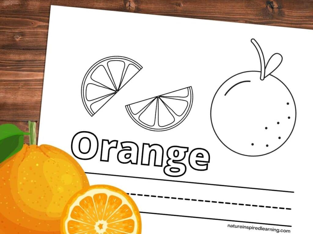 preschool orange coloring page with an image of an orange and two slices with text and lines to write. Printable on a wooden background with brightly colored whole orange and a slice bottom left