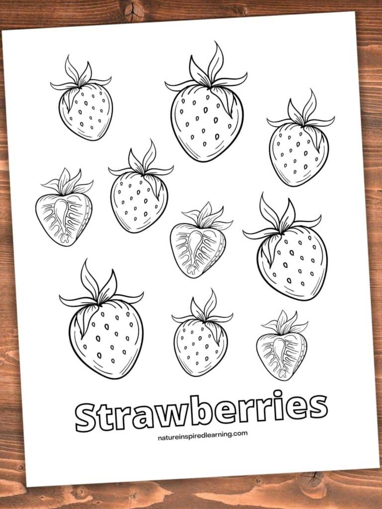 black and white printable with a collection of strawberries and word Strawberries across bottom. Sheet on a wooden background.