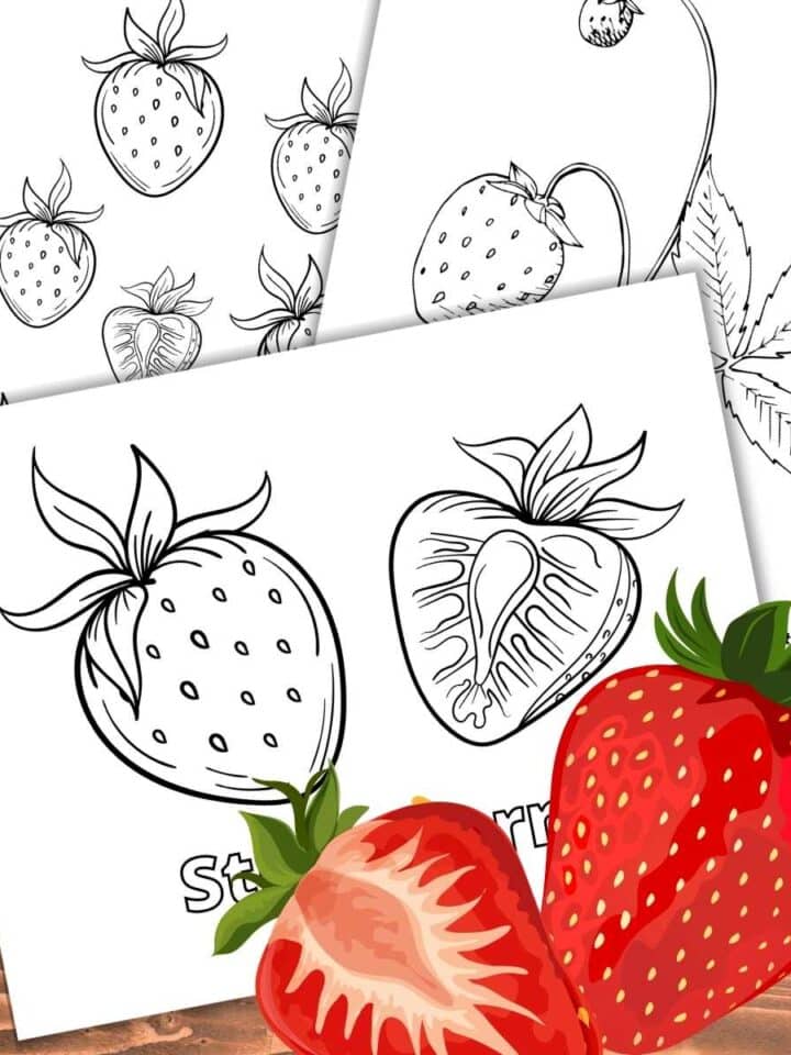 three black and white strawberry coloring pages overlapping on a wooden background. Colorful strawberry with a sliced berry bottom left.