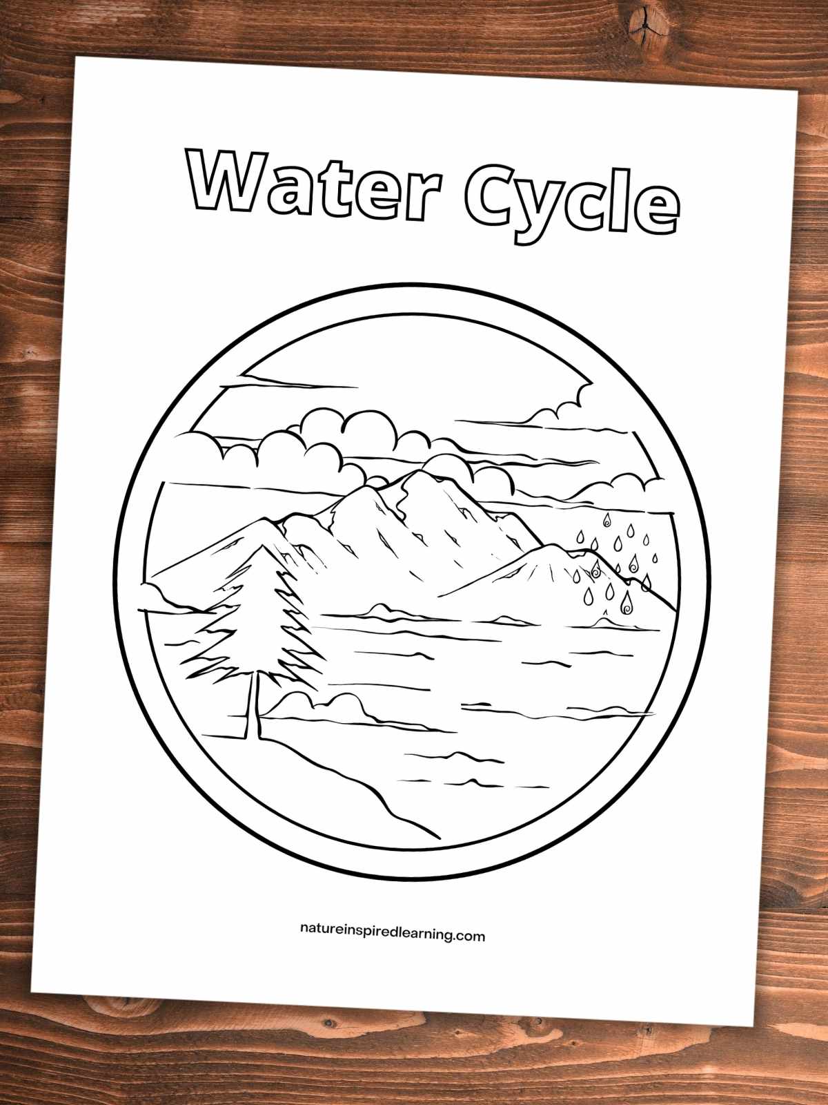 Water Cycle in bubble letters above a circle with mountains, water, trees, and clouds. Black and white printable on a wooden background