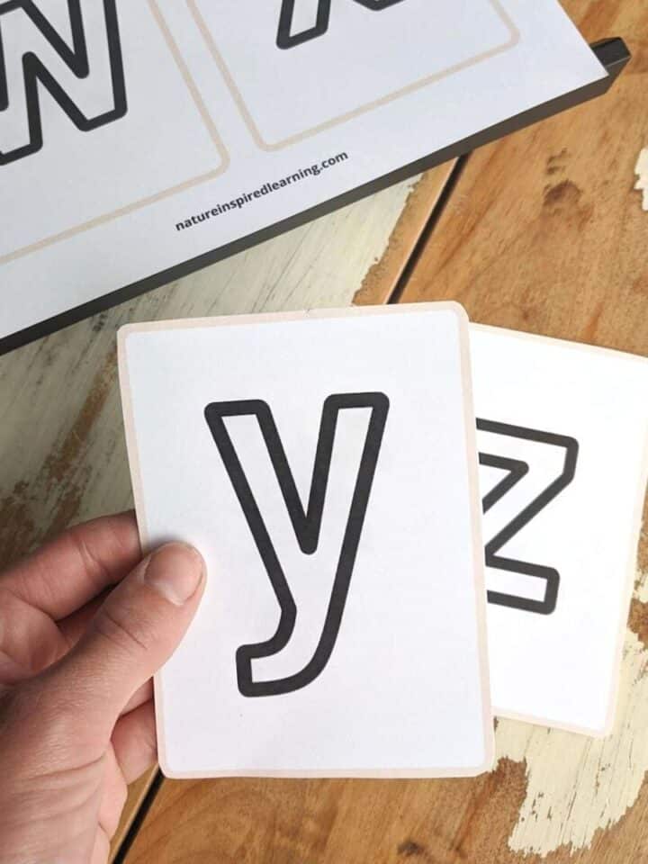 hand holding the a flashcard with lowercase y. Lowercase z card on wooden table below with a sheet of printable cards above
