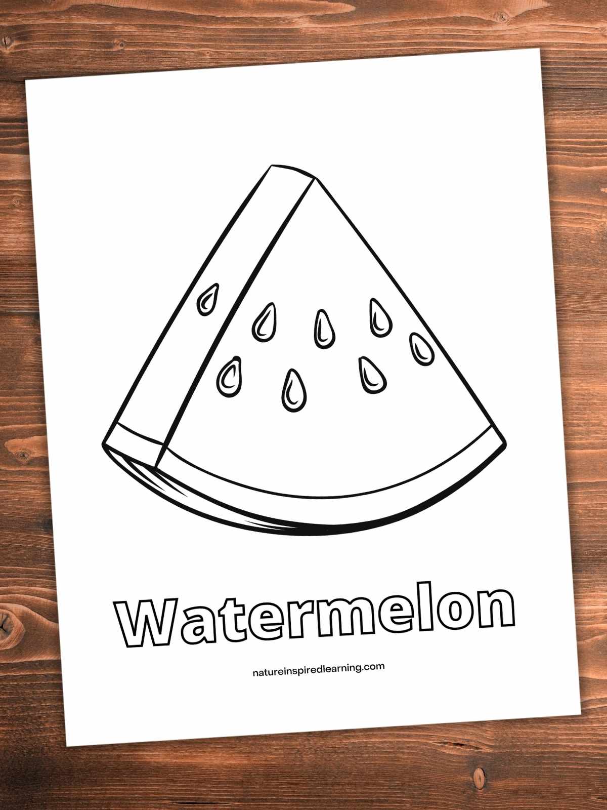 one large watermelon slice with seeds with word Watermelon written in bubble letters below. Printable on a wooden background