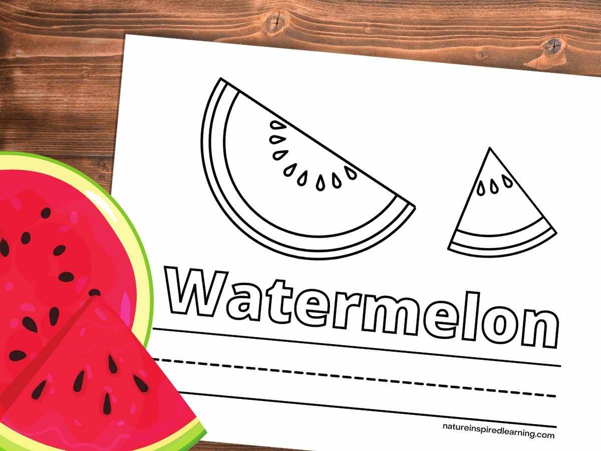 preschool watermelon coloring page with images, text, and lines to write on a wooden background with cut whole watermelon and a slice bottom left
