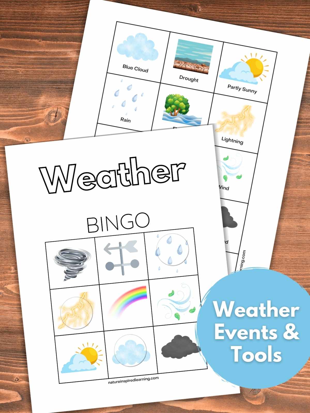 free printable weather bingo card and calling cards overlapping on a wooden background. Light blue circle bottom right with text overlay