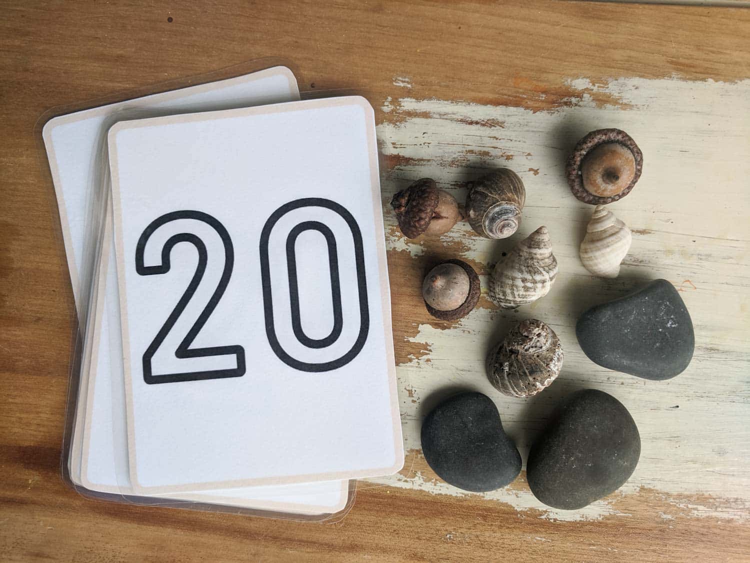flashcards in a pile with number 20 on top to the left of a collection of acorns, shells, and rocks on a wooden table with white paint