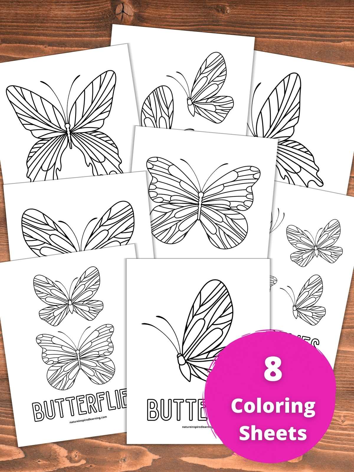 collection of printed off butterfly coloring sheets overlapping each other on a wooden background and a bright magenta circle bottom right with text overlay