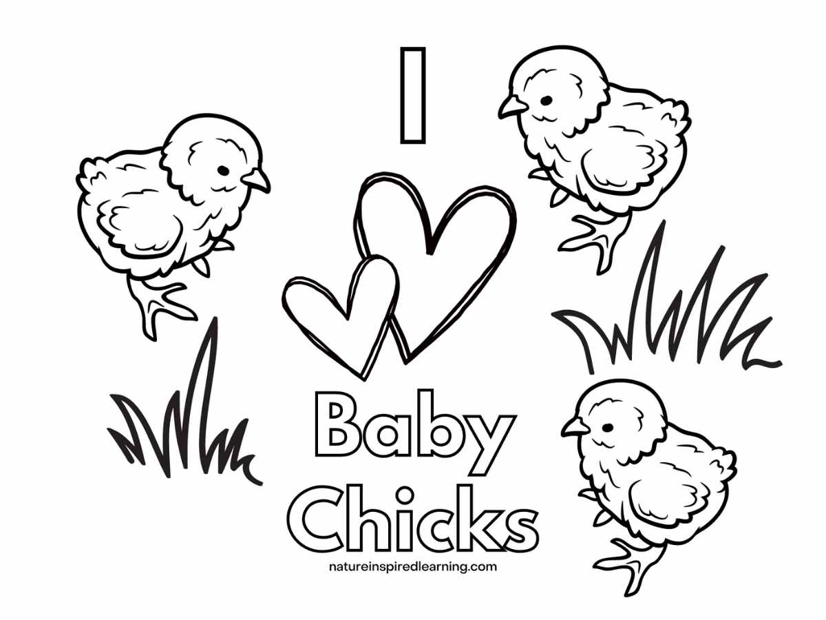 printable with three baby chicks in the grass and the letter I with two hearts and Baby Chicks written in bubble letters