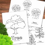 three tree coloring pages overlapping on a wooden background with two green trees bottom left