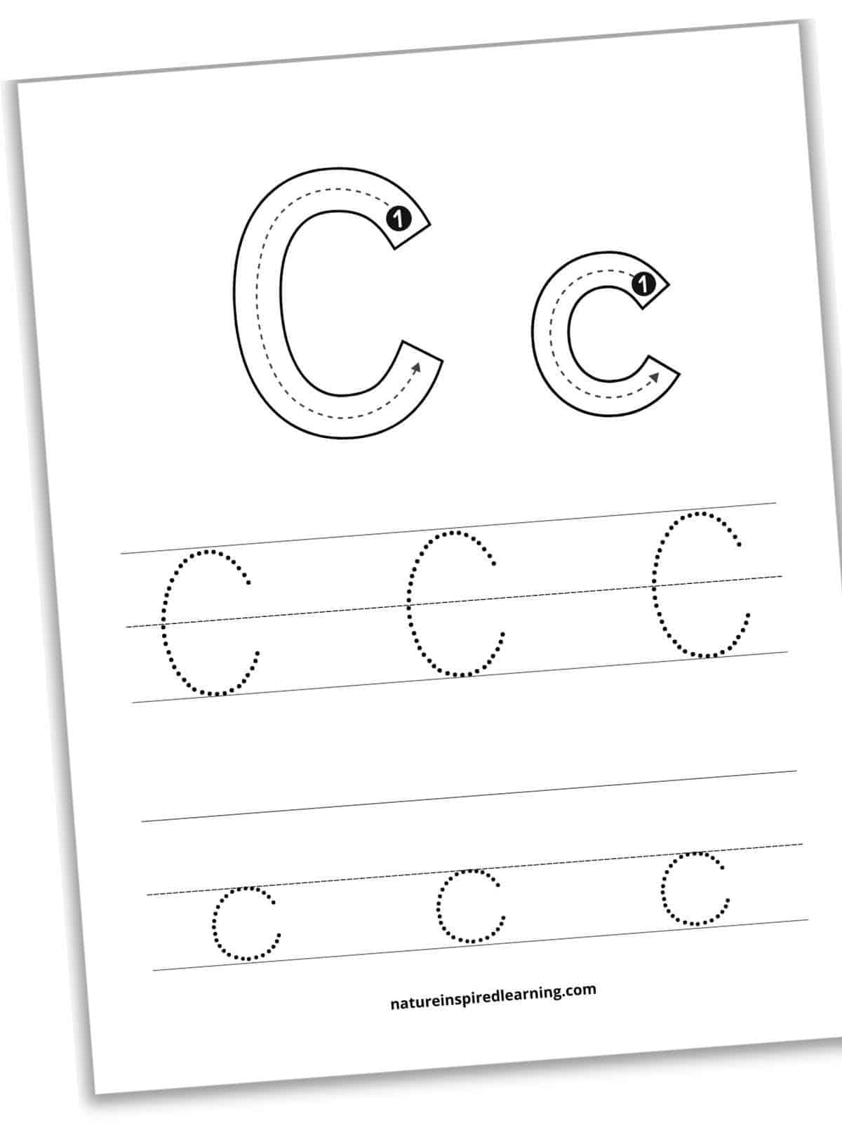black and white worksheet with large letter C in capital and lowercase with number and arrow guides across the top. Two rows of tracable letters below one with three uppercase letters and one with three lowercase letters. Printable with a drop shadow slanted.