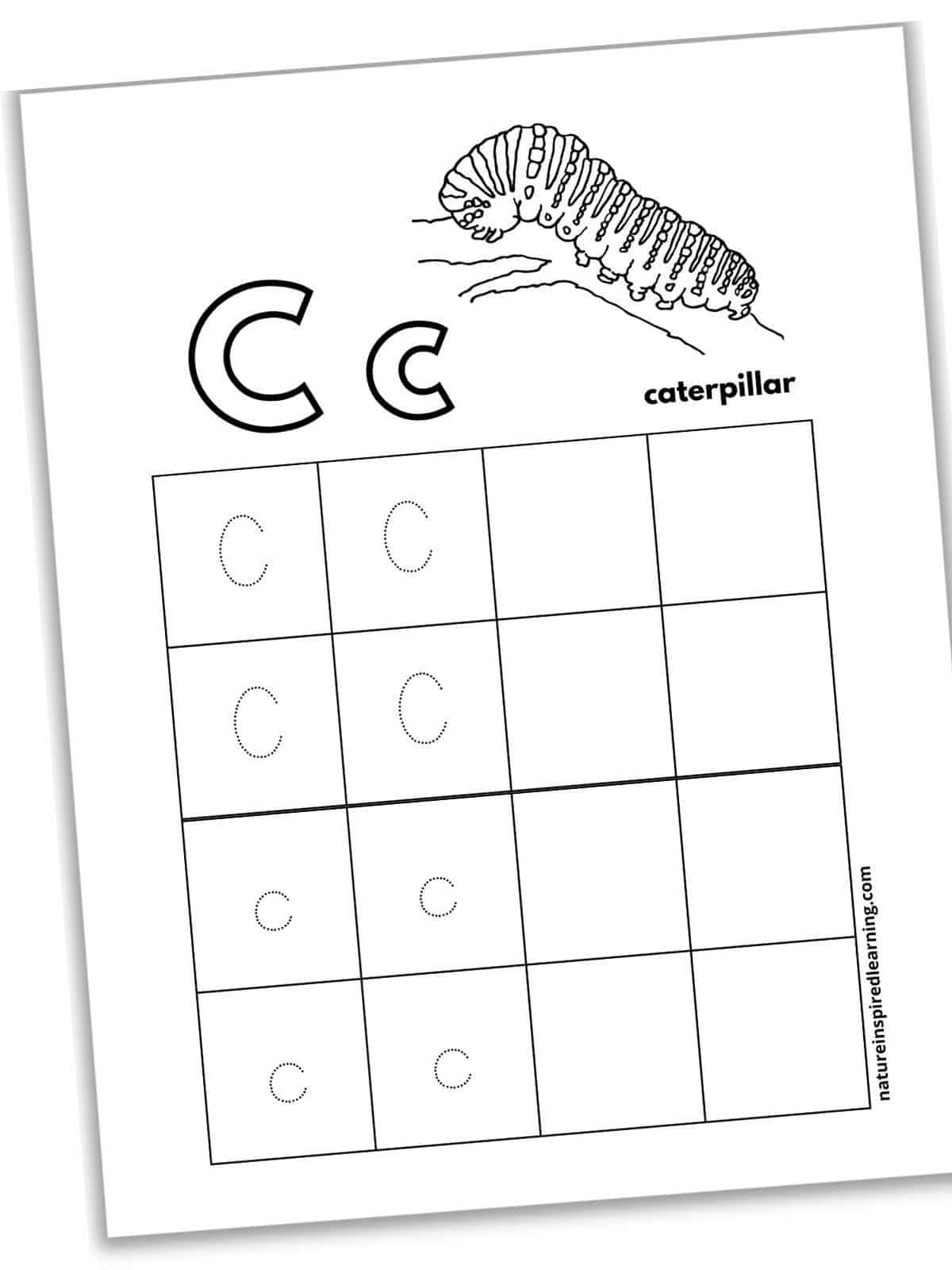 Printable worksheet with sixteen boxes, four with traceable letter C and four with lowercase c and a set of eight blank boxes. Bubble letter C and c across the top with a black and white image of a caterpillar on a stick with a label below. Worksheet slanted with a drop shadow.