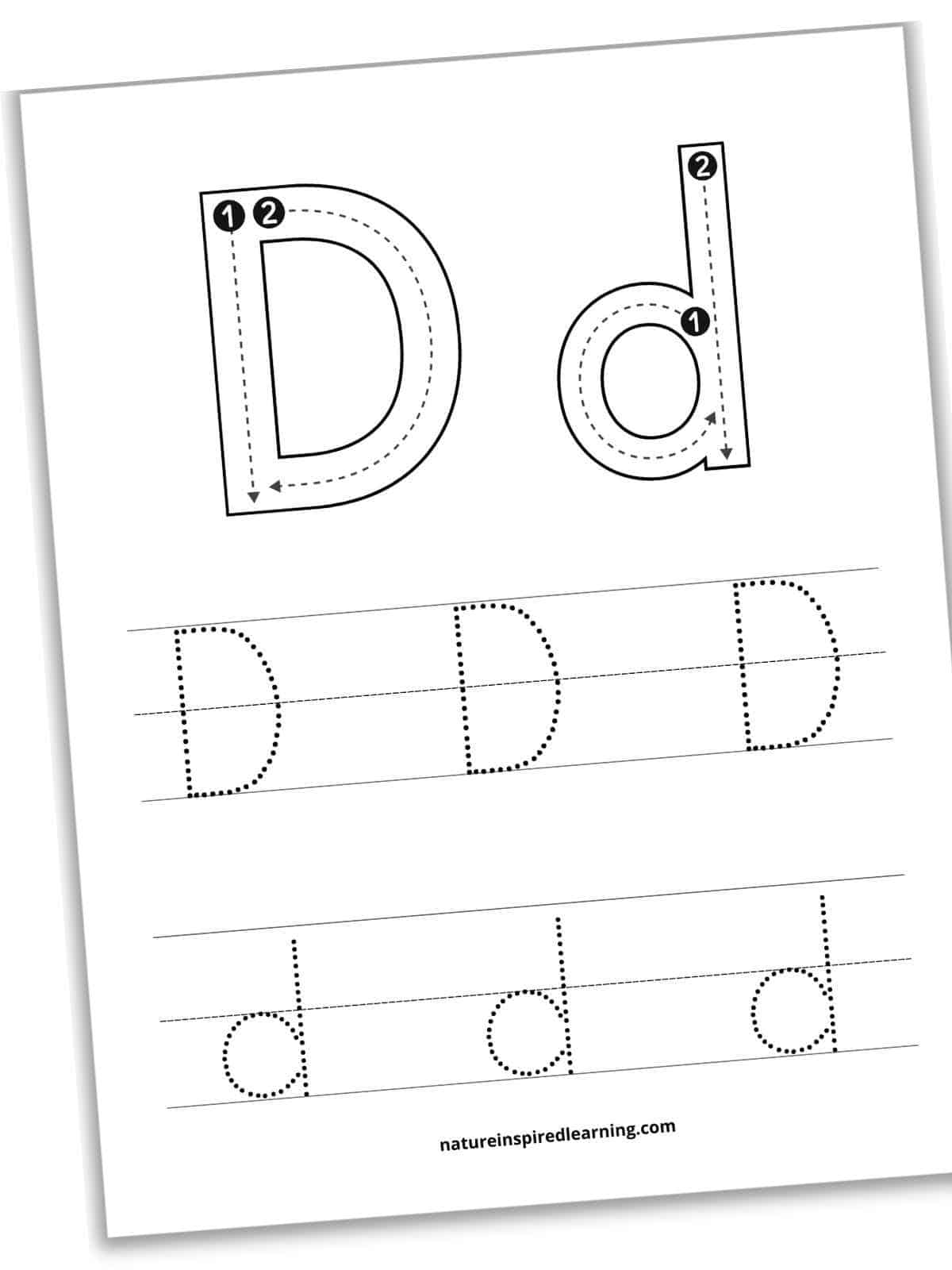 Large letter D and d with guide lines, arrows, and numbers for letter formation across top of worksheet. Bottom half has two set of lines with three traceable letter D's on the first set and 3 d's on the second set. Printable slanted with a drop shadow.